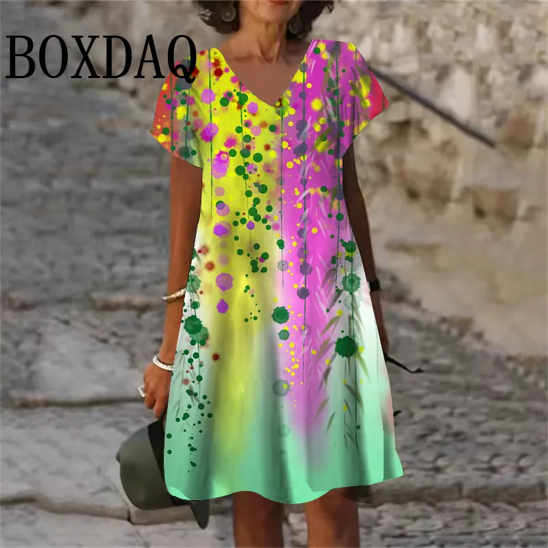 Fashion Tie Dye Dress Colorful Gradient Floral 3D Printed Women Dress Plus Size Short Sleeve V-Neck Casual Vintage Loose Dresses