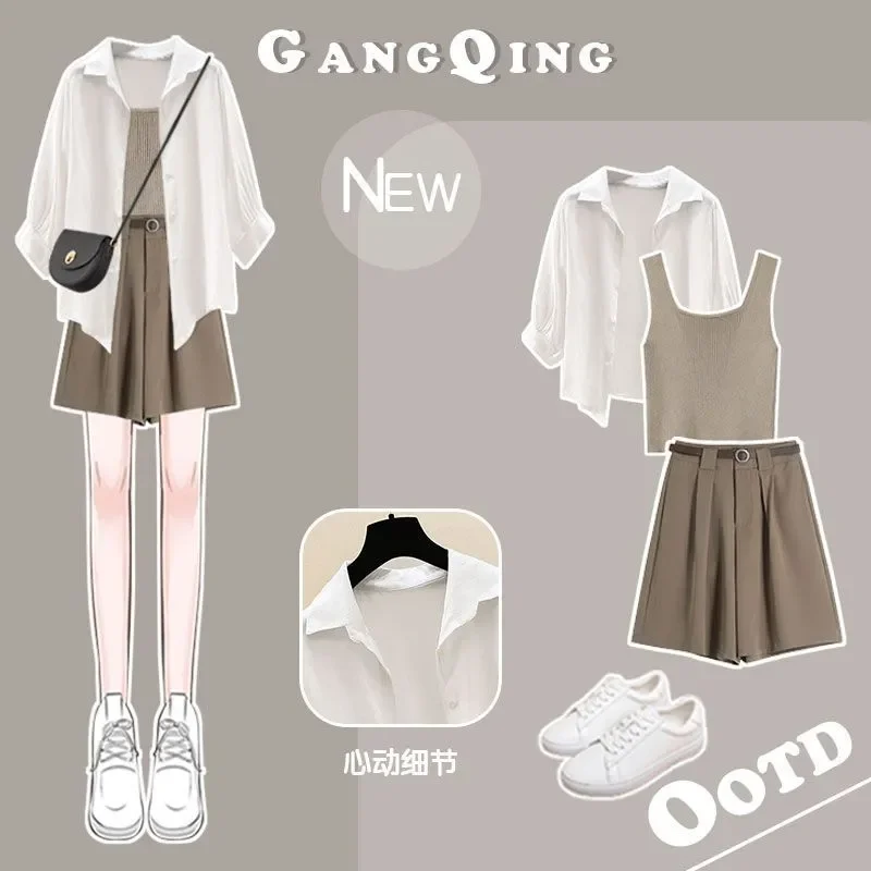 

Fashion Set Woman 3 Pieces Long Sleeve Tops Loose Short Pants 2025 Summer Female Casual Outfits