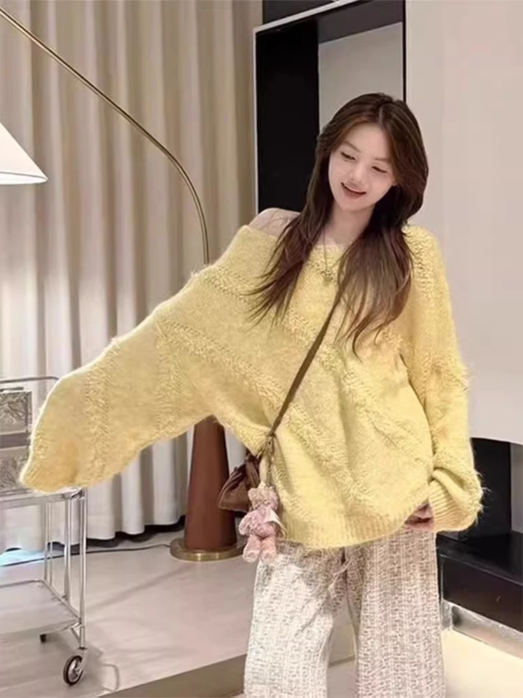 Coreano sle macio aconchegante camisola feminina solto ajuste versátil malha topo outono inverno nova chegada longo sve redondo ne camisola