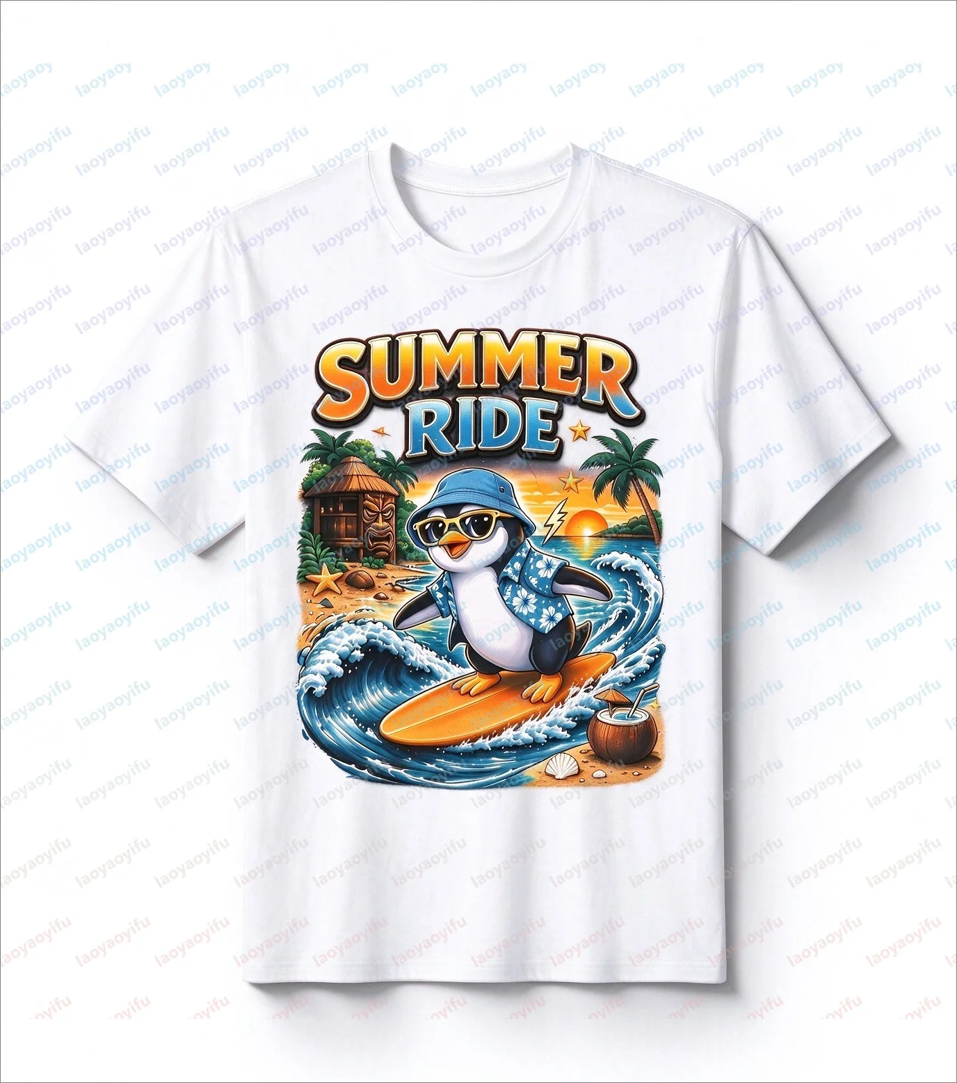 Summer Ride Surfing Penguin Print Ladies T-shirt Summer Fashion Short Sleeve O-Neck Women Casual Streetwear Essential Clothing