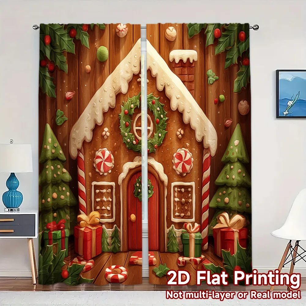 2D Flat Printing,JIT 2pcs, Curtains (Without Rod) Gingerbread Haven Popular Curtain Cloth Polyester Easy Install Curtains Home