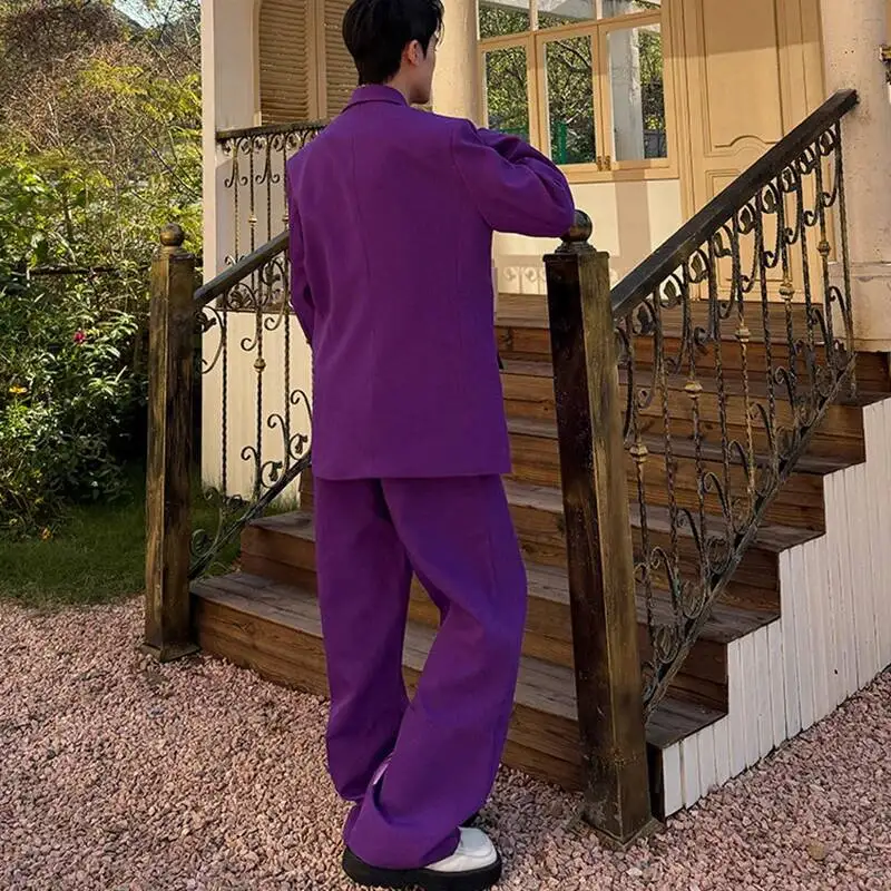 French Romantic Purple Men's Suit Set Chic Casual Niche Design Blazer Coat And Trendy Wide Leg Pants Two Pieces Set 9XC021 view 3