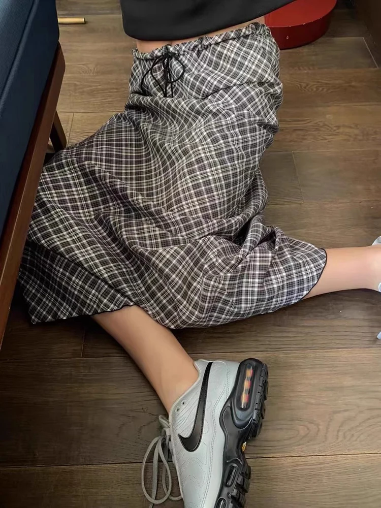 

Новая весенняя женская юбка в клетку с завязками и деревянной пряжкой, прямая длинная юбка А-силуэта в стиле ретро