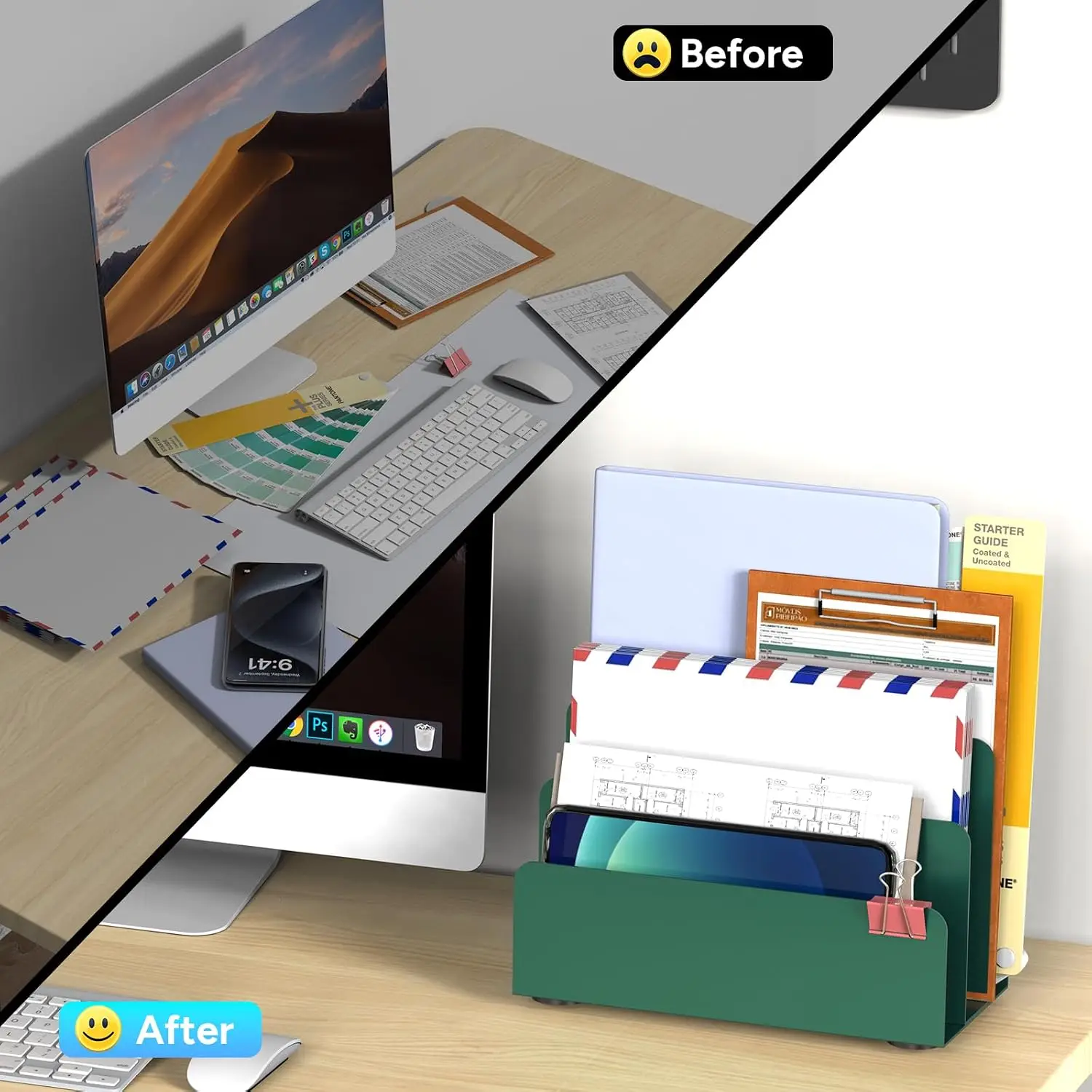3-Tier Metal Desk File Organizer for Mail, Documents, and Office Supplies - Space-Saving Countertop Storage, Green view 2