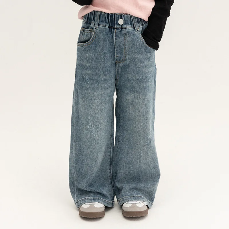 Spring Autumn Kids loose all-match straight jeans Boys and girls Korean style casual wide leg pants