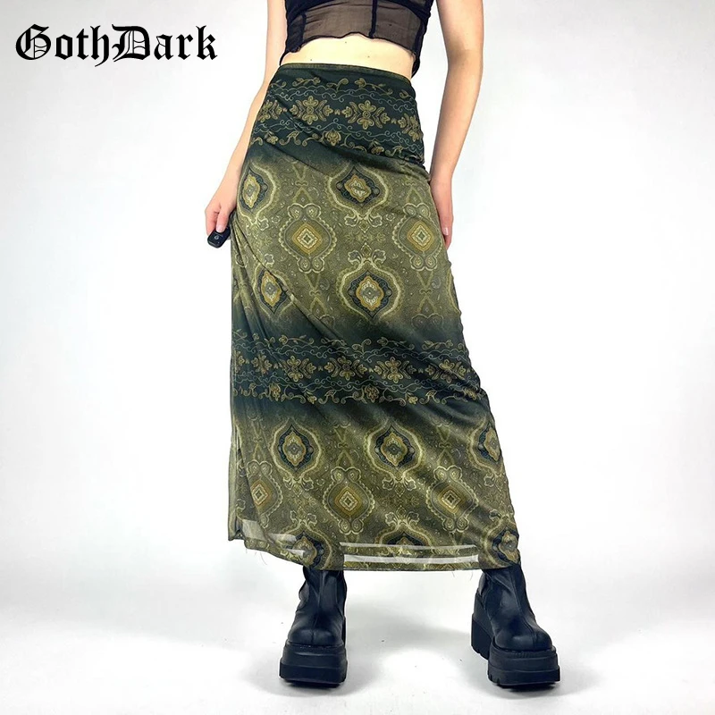 

Goth Dark 90s Vintage Print Dropped Waist Long Skirts Y2K Fashion Mesh Double Layer Bodycon Skirt E-girl Techwear Women Bottoms