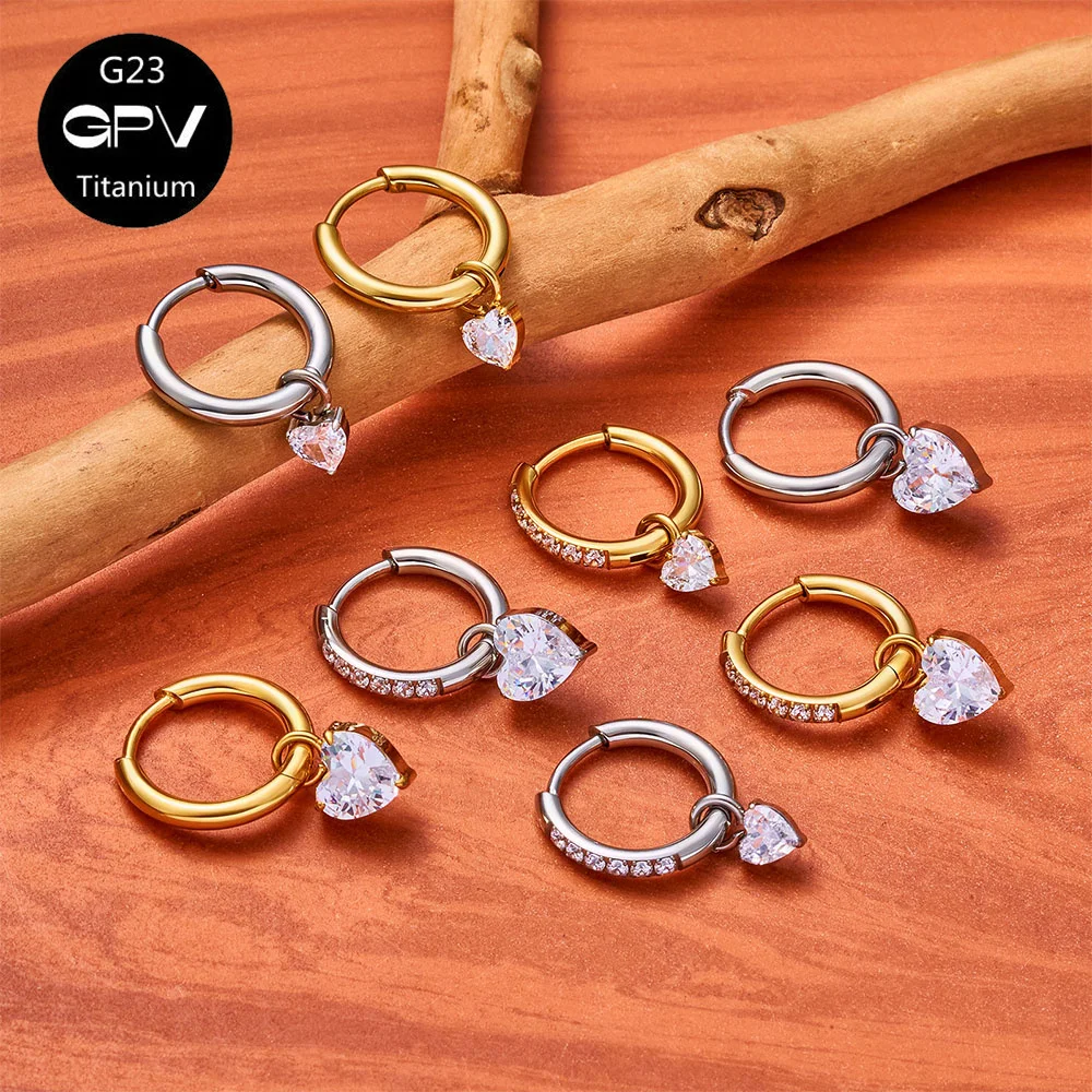 ASTM G23 Titanium Earrings Heart shaped DIY Pendant Double Opening Earrings with Zircon Piercing for Men and Women