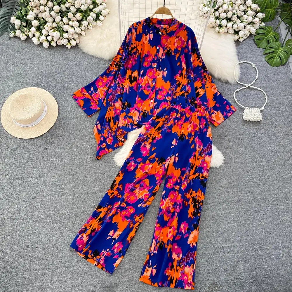 Imagem -04 - Moda Novas Mulheres Casual Loose Floral Calças Terno Boho Elegante Maxi Camisas Blusas Wide-leg Pantsuit Feminino Partido Duas Peças