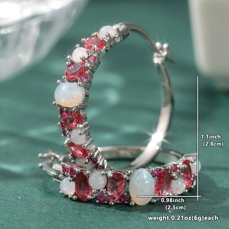 Exquisite silberfarbene, mit rosa Zirkon eingelegte, opalimitierende Damenohrringe, modische Verlobungs-Ohrringe für Damen – Detail 5