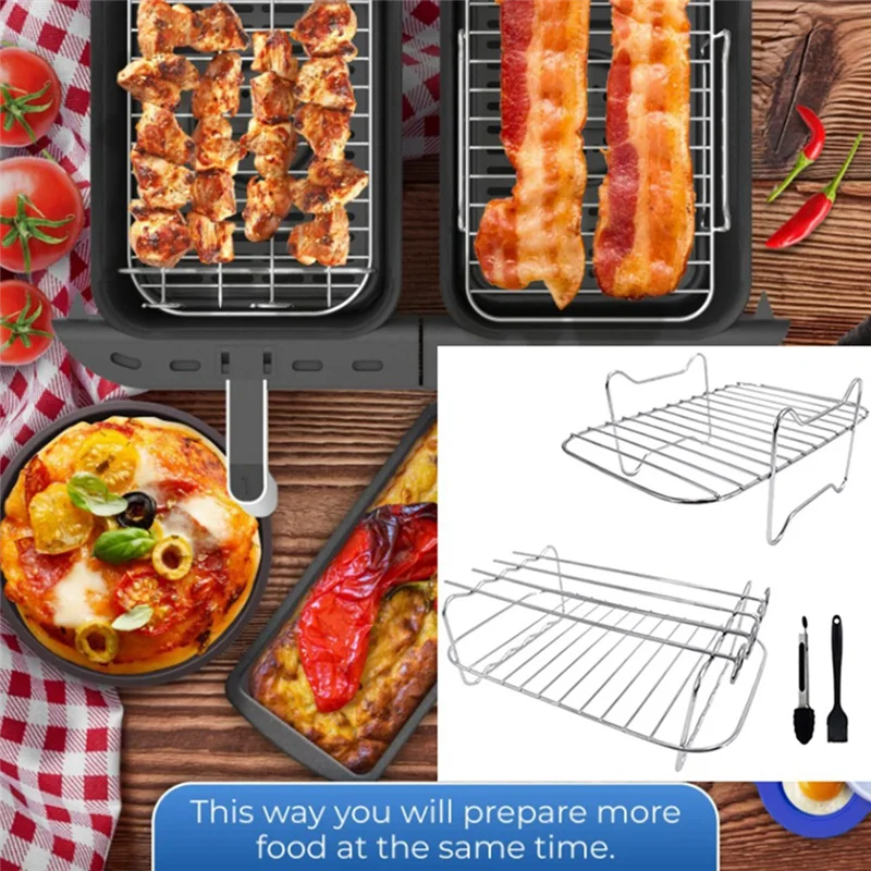 ABKR-Air Fryer Rack สําหรับ Ninja Dual Air Fryer,ชั้นวาง 2 ชิ้น 4 Skewers,แปรงและคลิป, สําหรับตะกร้าคู่ Air Fryers