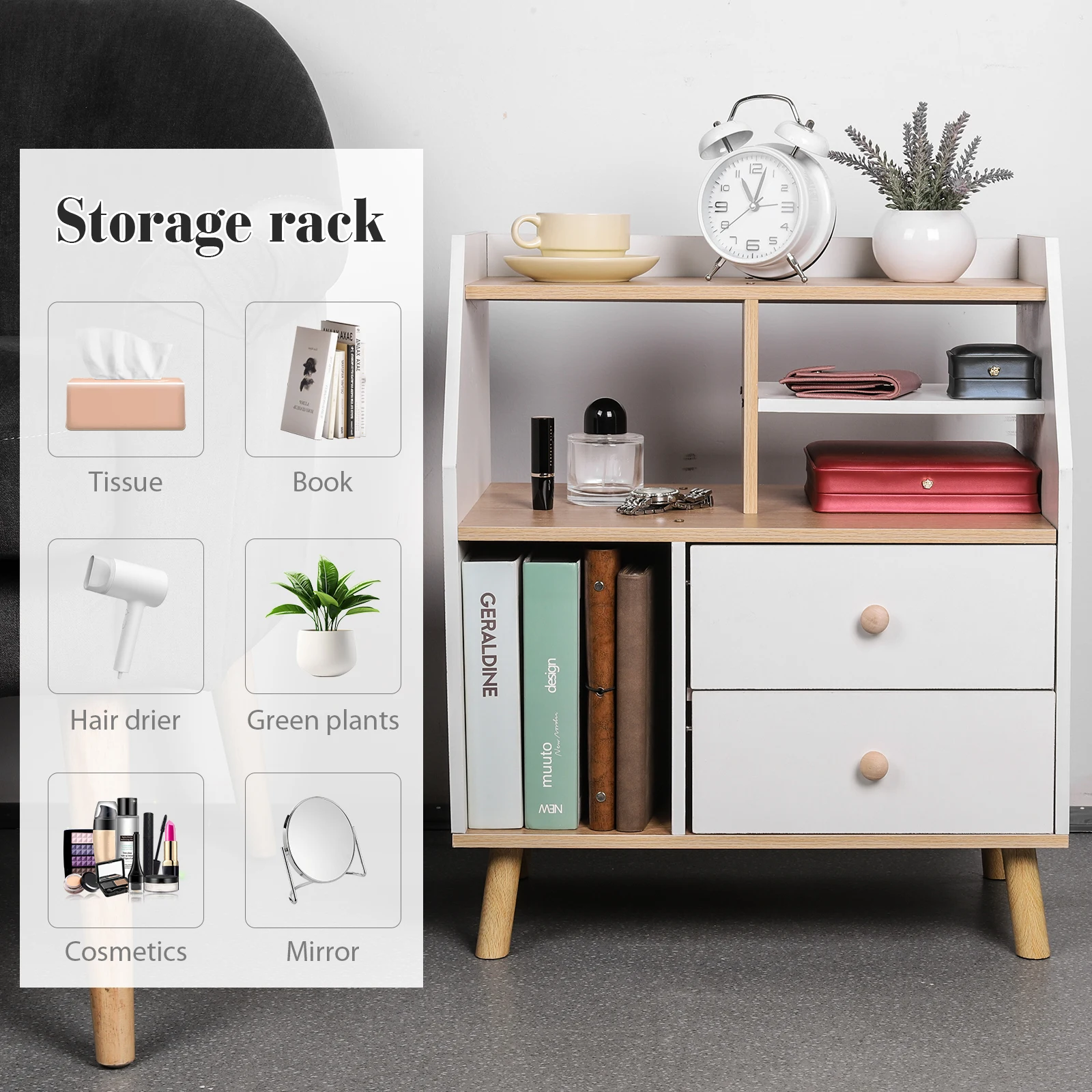 

Wooden Modern Bedside Table with 2 Drawers Nightstand Side Table Nordic Bedside Storage Cabinet for Home Bedroom