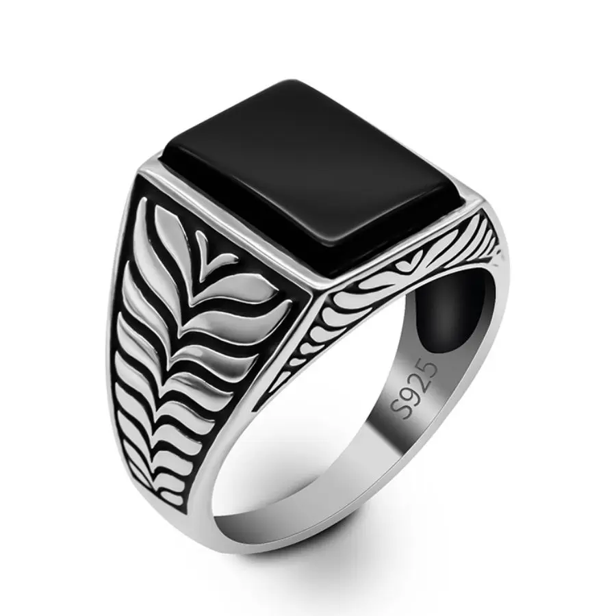 

Мужское серебряное кольцо, прямоугольное кольцо с ониксом, ювелирные изделия, подарок, серебряное кольцо ручной работы с агатом для мужчин