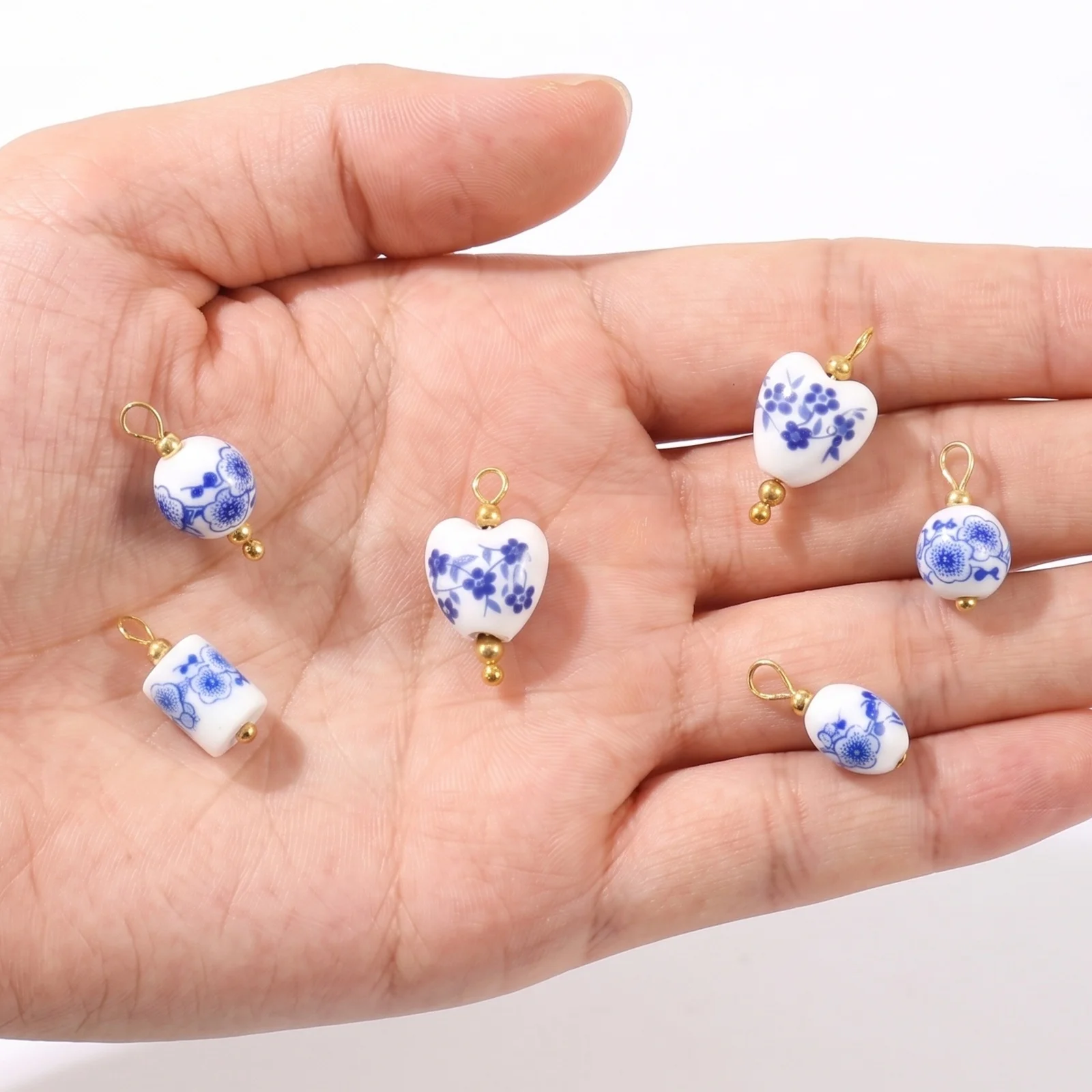10pcs Vintage Ceramic Charms 8K Gold Plated Brass Cloisonne White & Blue Flower Hand-drawn Pendants DIY Necklace Jewelry Gifts