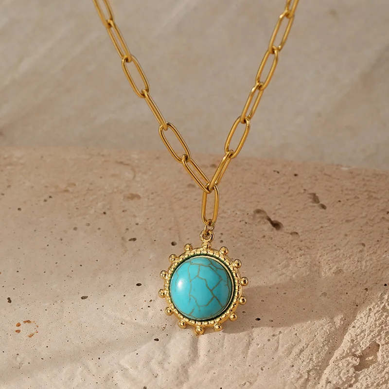 JINDOOR 18K Gold Plated Stainless Steel Necklace with Turquoise Pendant for Women, Dainty Chain, Ethnic Boho Minimalist Jewelry