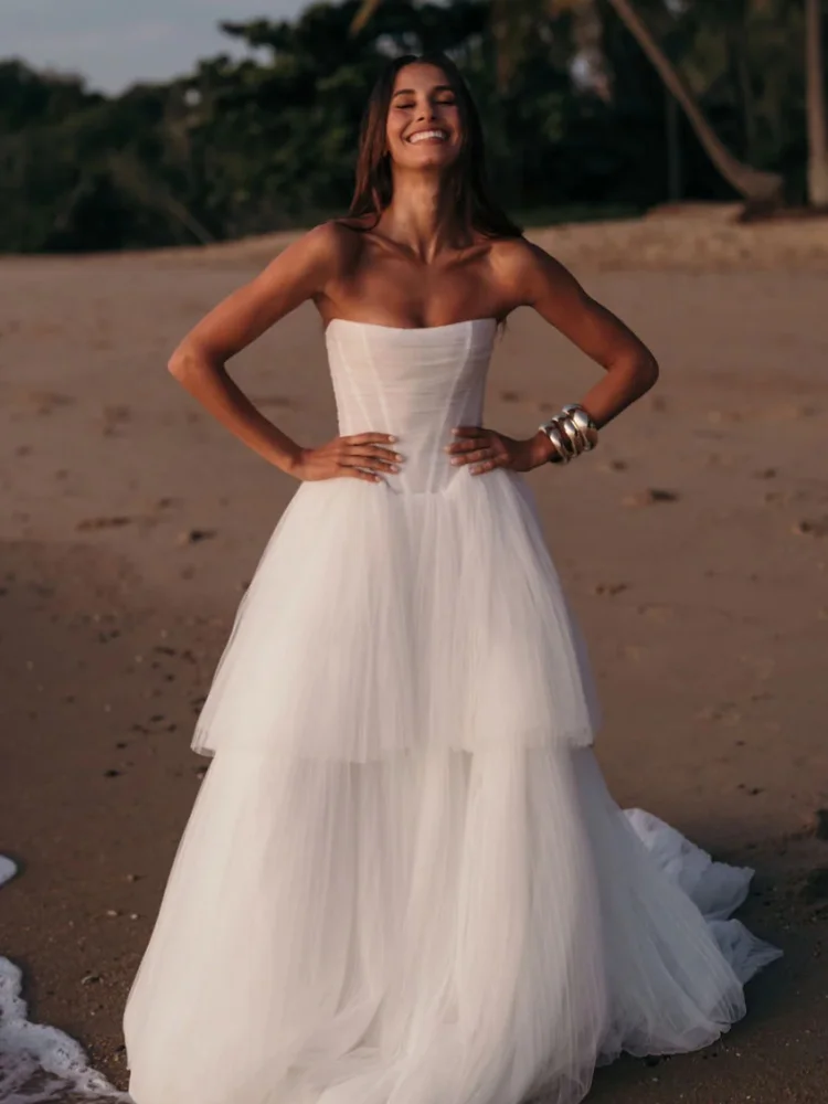 Simple Bridal Gowns Organza Ball Gown Asymmetrical Bride Wedding Dresses Long Trail Fishbone Support White Evening Dresses