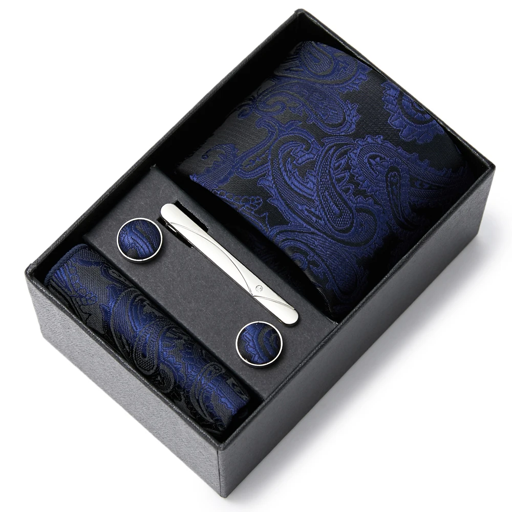 Hot Sale 7.5 cm Wide Tie Sets Black Blue Men's Neck Tie Hankerchiefs Cufflinks Clip Box Wedding Gift Silk Handmade