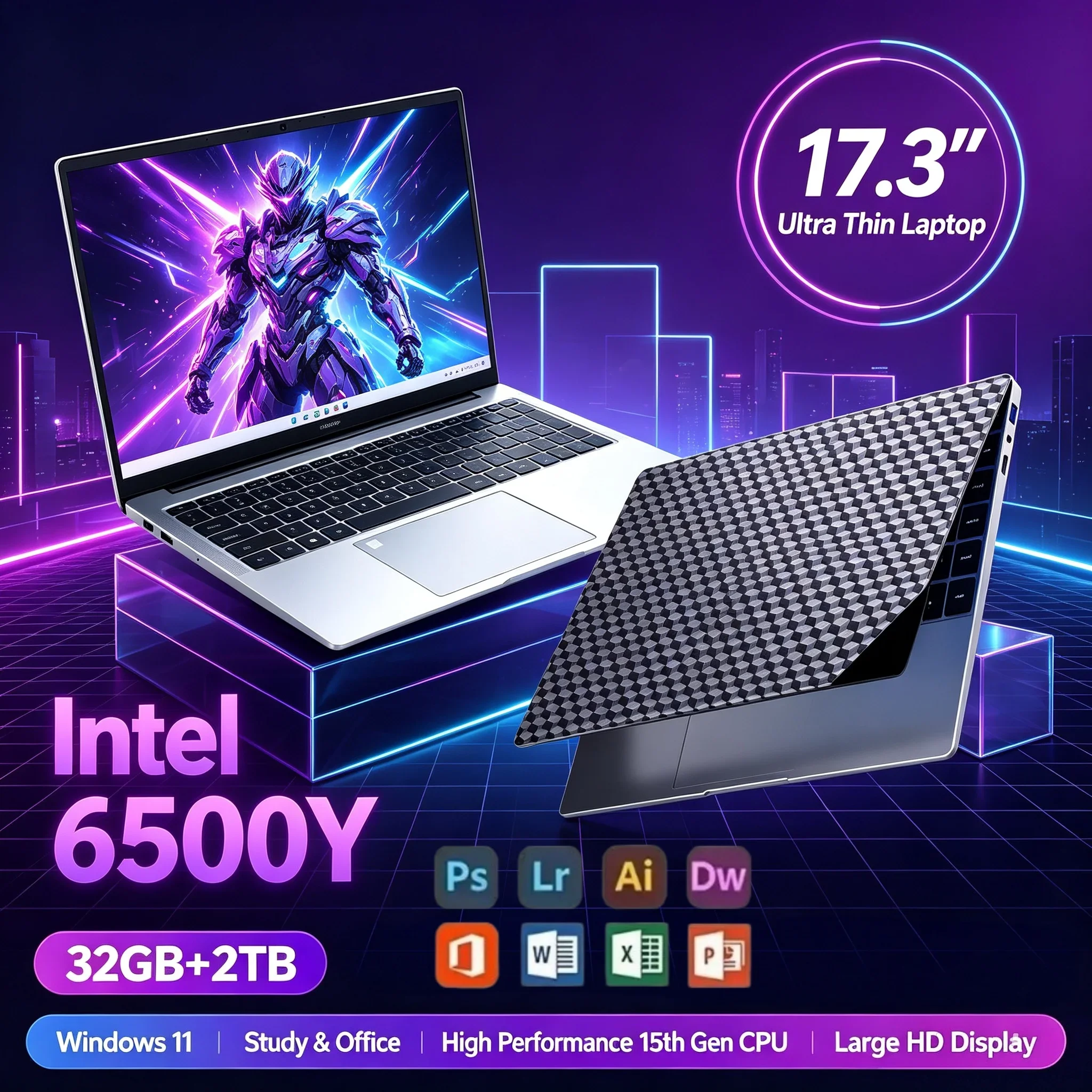 17.3'' Inch Big HD Display Notebook Laptop Intel 6500Y 32GB RAM 1TB 2TB SSD Windows11 WiFi 6 BT5.2 Portable PC For Office Work