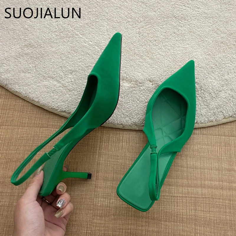 SUOJIALUN 2022 Summer New Brand Pointed Toe Slingback Shoes Thin High Heel Shallow Slip On Ladies Elegant Sandals Plus Size 41