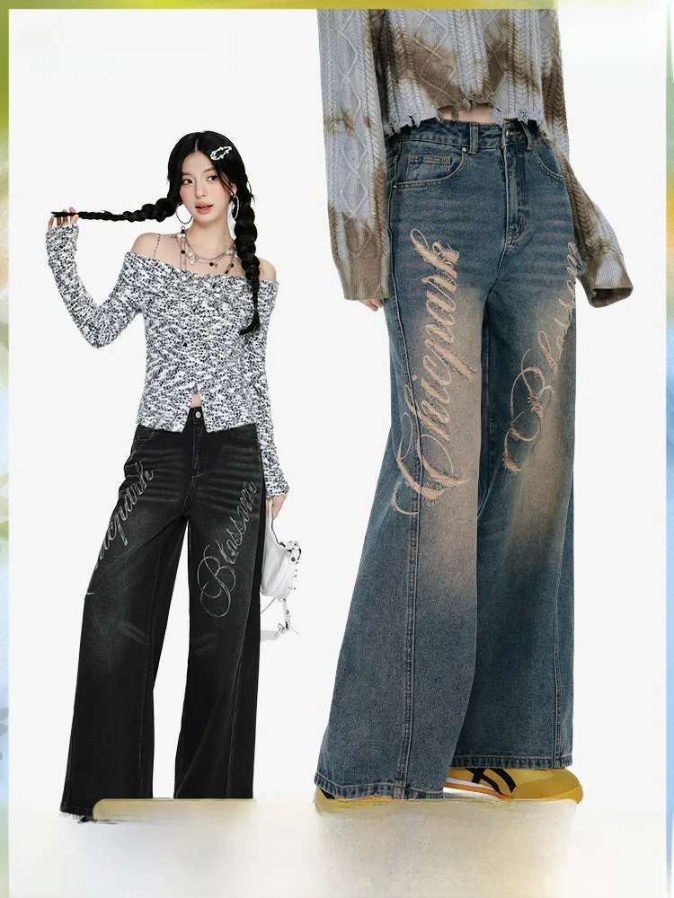 

Retro American Street Sle Faded Denim Jeans Women's Loose Fit Straight Leg Jeans with Lettering And Frayed Details