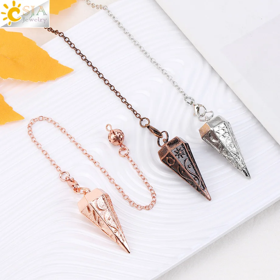 CSJA Antique Copper Metal Pendulum for Healing Dowsing Divination Rune Pendant  Balancing Spiritual Pendule Jewelry H747