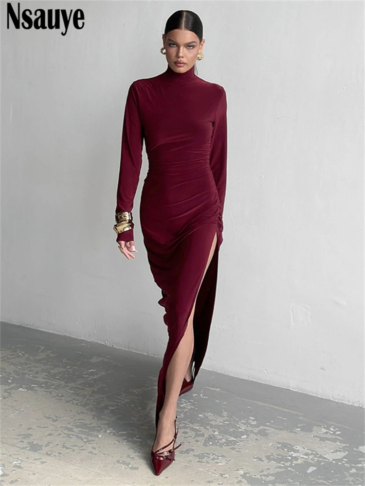 Nsauye Casual Women Sexy High Split Long Sleeve Maxi Club Evening Party Dress Turtleneck Elegant New Fashion Bodycon Dress 2024