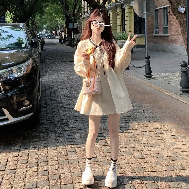 

2025 French Vintage Short Dresses Women Spring Sweet Long-sleeved Puff Sleeve Lace-up Bow Loose Above Knee Dress Woman