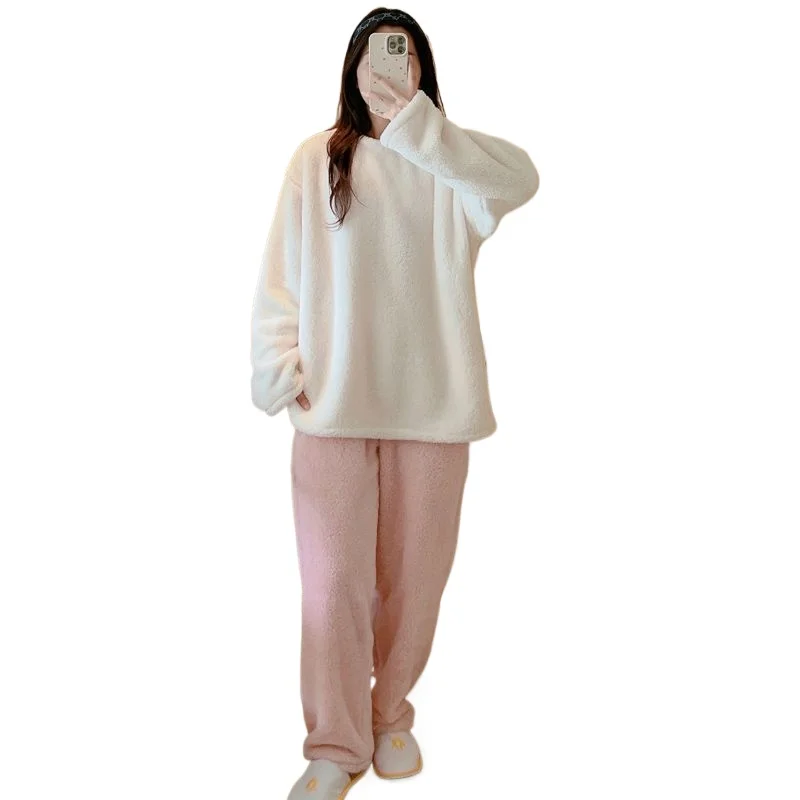 Striped Sleepwear Women Pajama Sets Fleece Korean Piiama Winter Night Wears Long Sleeve Home Suit Warm Casual Sets 2 Pieces New