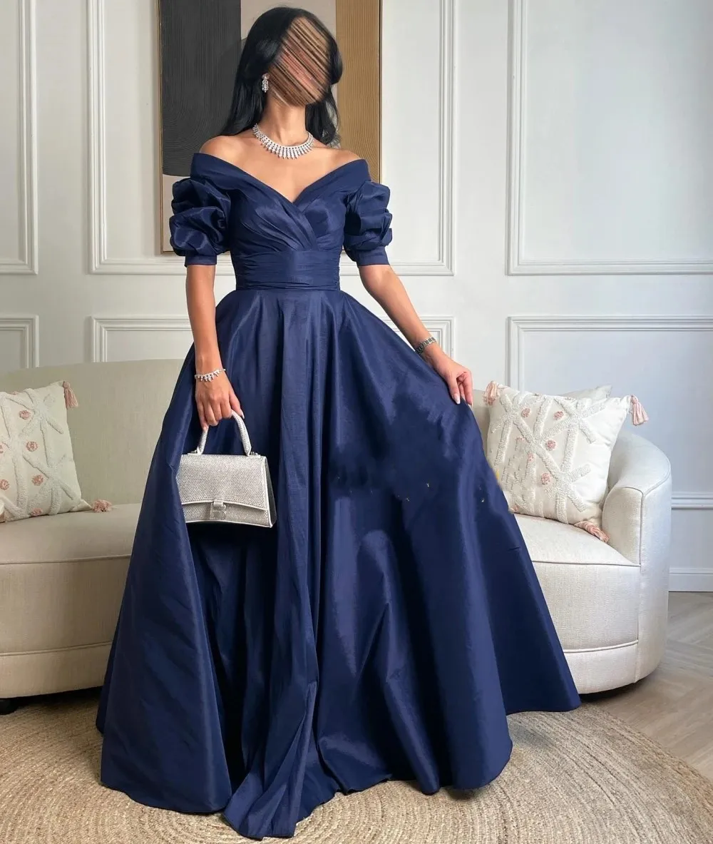 

Flora Dress Navy Blue Satin V-Neck Off the Shoulder Short Sleeves Prom Dresses A-Line Elegant Formal Party Dubai Evening Gown