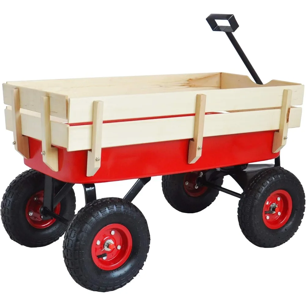 

Heavy Duty Wagon Cart for All Terrain Pulling, Steel Wagon Frame Removable Wooden Panels Adjustable Handle Air Tires Sport Wagon