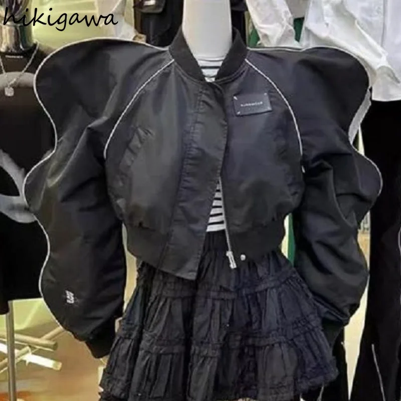 Chaquetas Harajuku con cuello redondo para Mujer, Tops Y2k con cremallera, moda urbana coreana, abrigos negros con cremallera, 2023