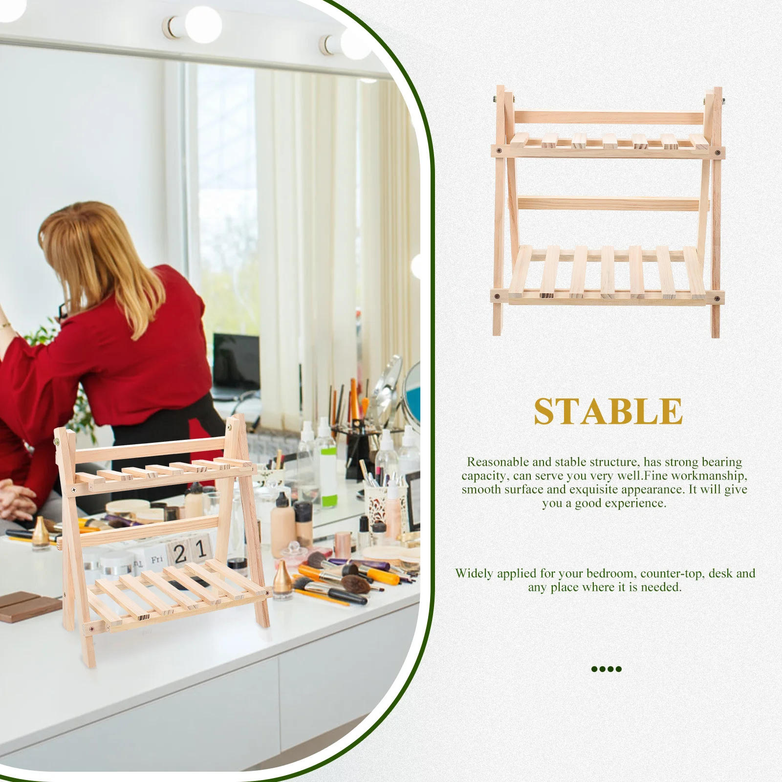 

Wooden Storage Rack Desktop Shelf Organizer Bedroom Desk Counter Multi-layer Display Sturdy Decorative Foldable