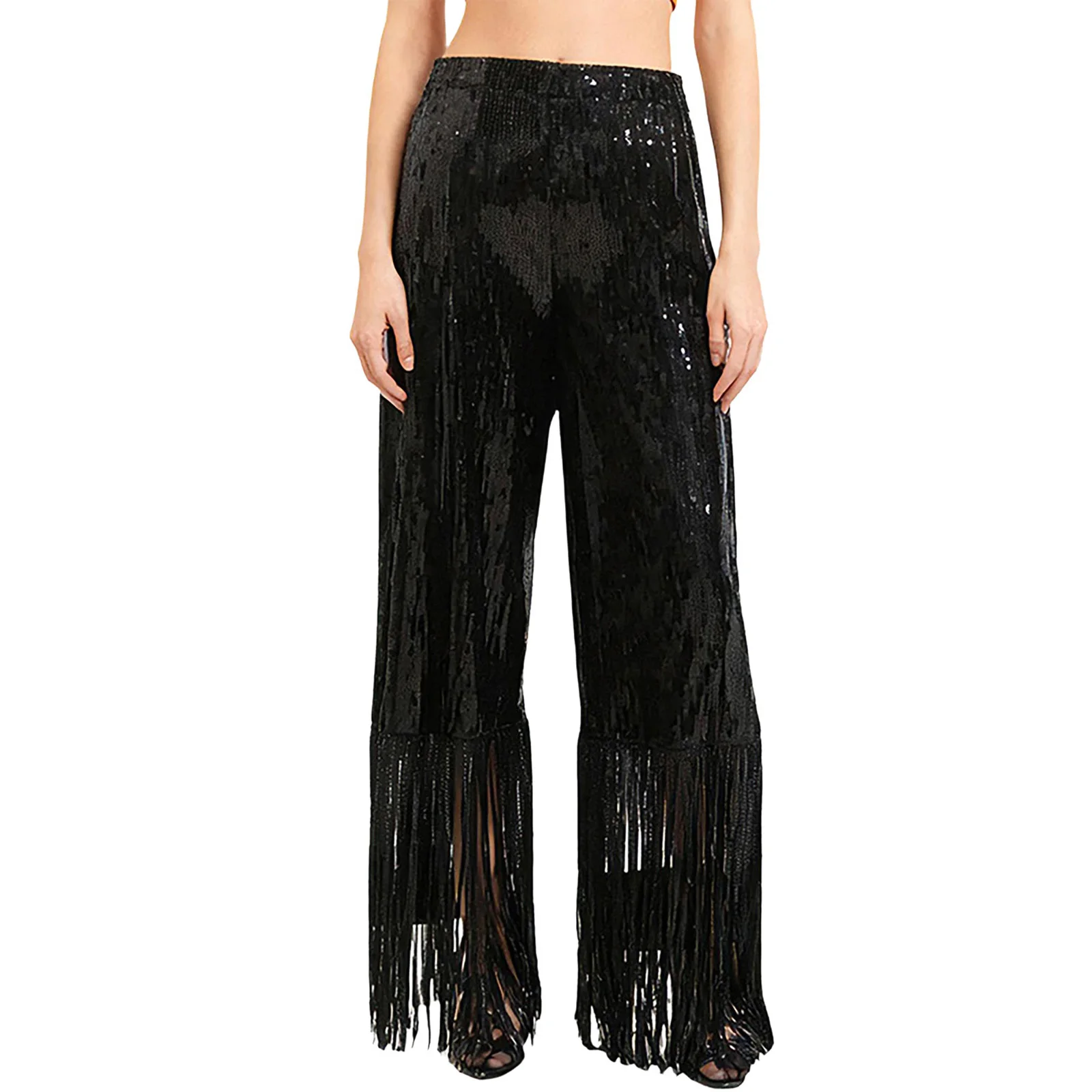 Dames vloeiende tangodansbroek Allover pailletten wijde pijpen broek met kwastjes Latin dansbroek voor Salsa ballroomdans