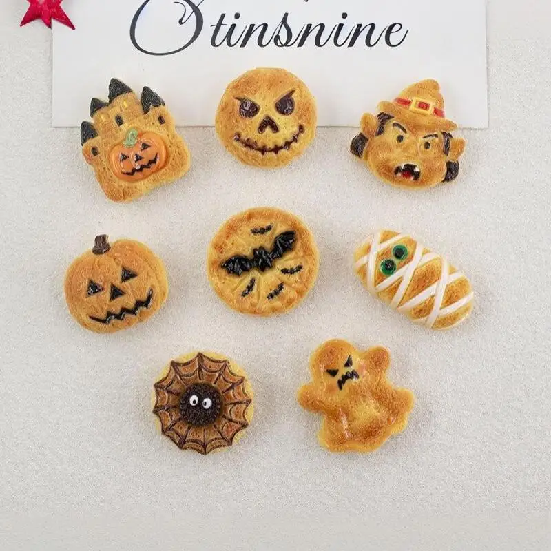 【MA】8pcs Halloween Resin Horror Series Cookie Pumpkin Castle Bat DIY Handmade Cream Gum Accessories Hair Clip Keychain Pendant