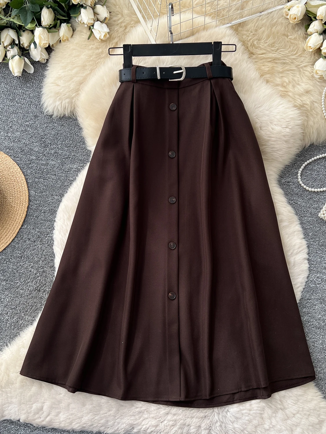 Korean Style Commuter High Waist A-Line  Skirt Women's Single Button Belt Elegant Lady Style Autumn Fashion 2026