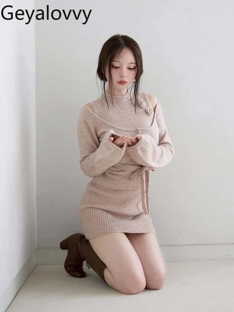 

Pure Desire Style Hand-Crocheted Elastic Inner Vest Sweet Slim Fit Long Sleeve Knitted Top and Short Skirt Three-Piece Set