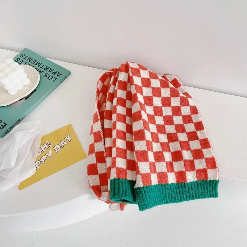 الخريف والشتاء جديد اللون منعت الشطرنج وشاح قصير اليابانية لطيف طالب ins نمط محبوك الصوف وشاح صغير فتاة