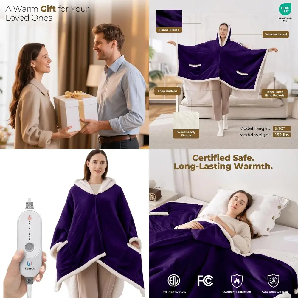 

Electric Heated Blanket with Hood & Pockets, 5 Temperatures, Auto-Off, Washable, Certified, 56x63, Purple