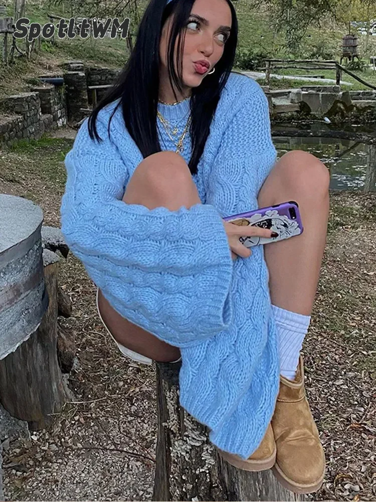 Suéter de punto de hilo suelto azul para mujer, jersey de manga larga con cuello redondo, jerséis cálidos de gran tamaño, suéter elegante para mujer, otoño e invierno, 2024