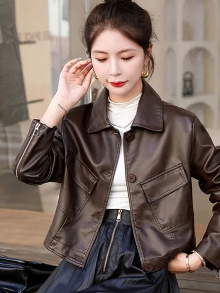 Black Short Leather Jacket with Pockets for Women Punk Motorcycle Leather Jacket Female Retro Fashion Punk Style Leather Jacket