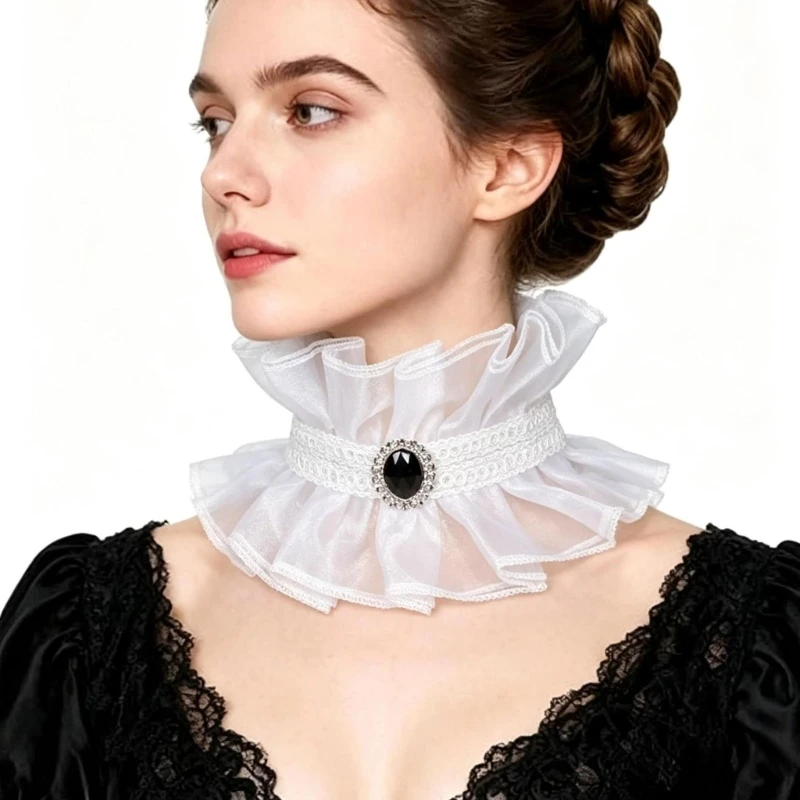 Elegant Detachable Collar for Women Stage Show Victorian Ruffle Neck Collar Insert Accessory with Lace Trim for Halloween Party
