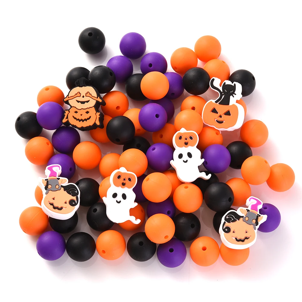 40Pcs Halloween Round 15mm Silicone Beads Cartoon Ghost Beads Set for Jewelry Making Diy Bracelet Necklace Keychain Accessories