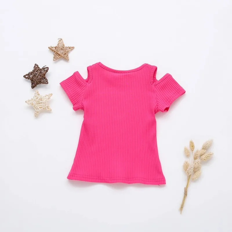 Summer New Children Girls Clothes Cotton Short Sleeve O-Neck Solid Elastic Shirt Off-Shoulder Cute Kids Baby Girl T-Shirt