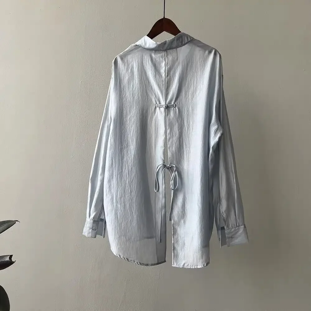 Back Button Design Sunscreen Shirts For Women Fashion Lapel Single Breasted Chiffon Blouses 2024 Summer New