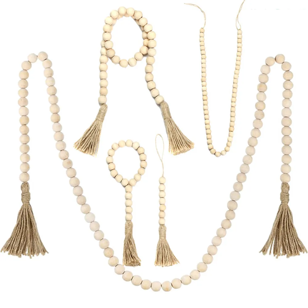 DIY Handmade Garland Farmhouse Ornament With Jute Rustic Wall Hanging Tassels String Wood Bead Garland