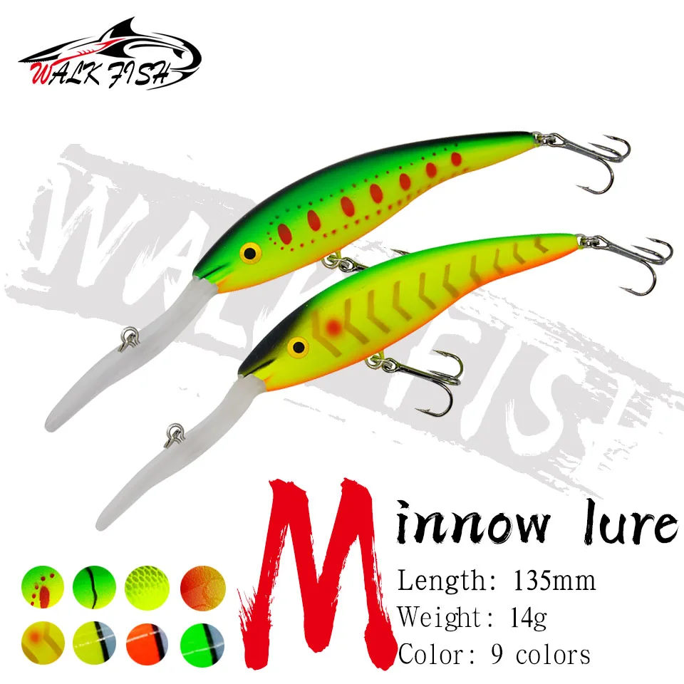 WALK FISH Long Lip Minnow Fishing Lure 13.5cm 14g Deep Wobbler Swimming Artificial Pesca Hard Fish Bait Pesca For Trout Bass