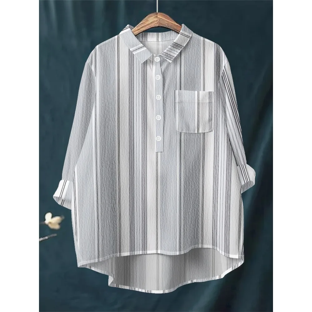 

Casual Loose Women's Striped Shirt Plaid Long Sleeve Half-Button Collared Top Oversized Comfortable Blouse with Pocket for Work