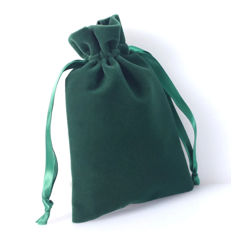 Green Velvet Ribbon Bags 7x9cm 9x12cm 15x21cm 50pcs/Lot Jewelry Drawstring Pouches Party Candly Dust Sack