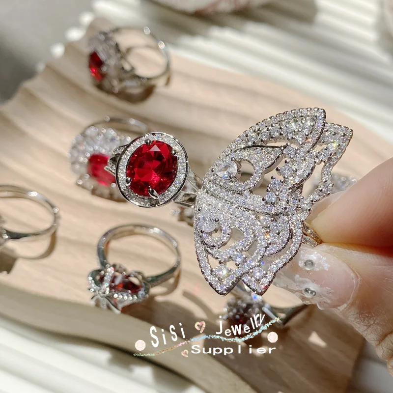 New Adjustable Bright Butterfly Red  White Bicolor Zircon Ring for Women\'s Wedding Dance Senior Jewelry Valentine\'s Day Gift