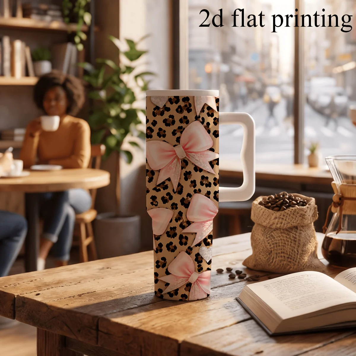 Exquisite Belt Bow Design, 1pc, 40Oz Stainless Steel Insulated Travel Cup with Handle, 2D Flat Printing, Portable Coffee Cup, Suitable for Tea, Coffee And Outdoor Use, Coffee Travel Cup
