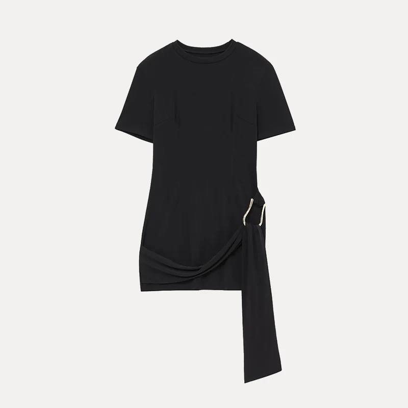 Vestido Moderno de Manga Corta con Cuello Redondo y Decoración de Hebilla de Herradura, Estilo Urbano, Prenda Única, Primaver...